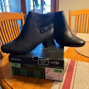 East 5th Black Leather Ankle Booties with Buckle Detail